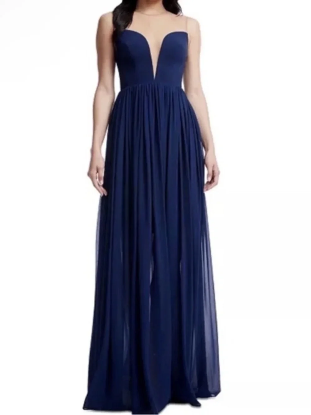 Dress the Population Eleanor Illusion Plunging Neck Gown Navy Blue Size XS